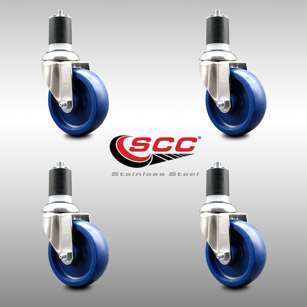4 Inch 316SS Solid Polyurethane Swivel 1-7/8 Inch Expanding Stem Caster Set SCC